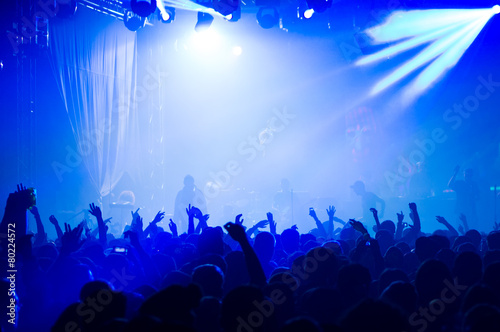 people at a concert raising hands