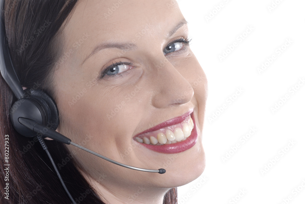 Attractive smiling female girl secretary or call center receptionist talking speaking microphone telephone headset eyes looking at camera white background photo Attractive smiling female girl secretary or call center receptionist talking speaking microphone telephone headset eyes looking at camera white background photo