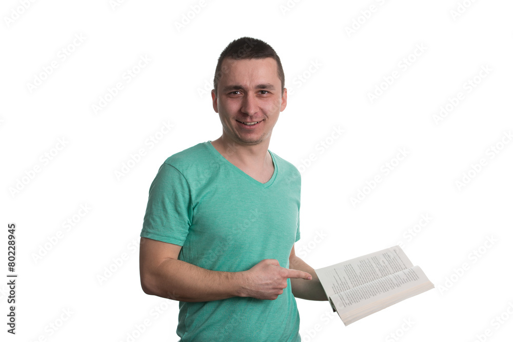 Man Pointing To Book Isolated On White Background Man Pointing To Book Isolated On White Background