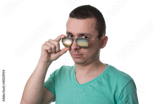 Man Wearing Fashionable Sunglasses On Isolated White Background