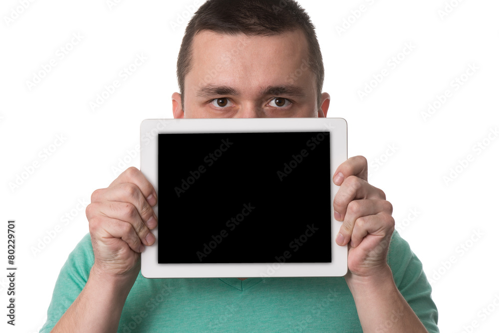 Man Showing Blank Taplet Pc On White Background