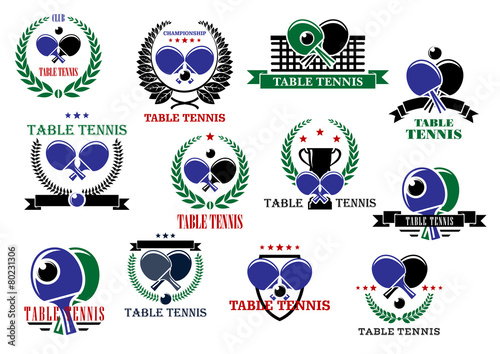 Table tennis sporting icons and labels set
