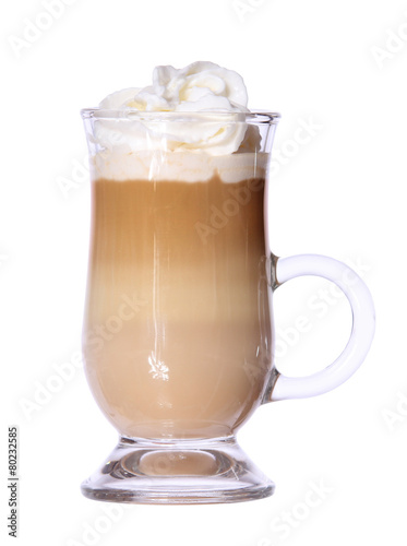 Coffee Latte in glass irish mug with wafer isolated