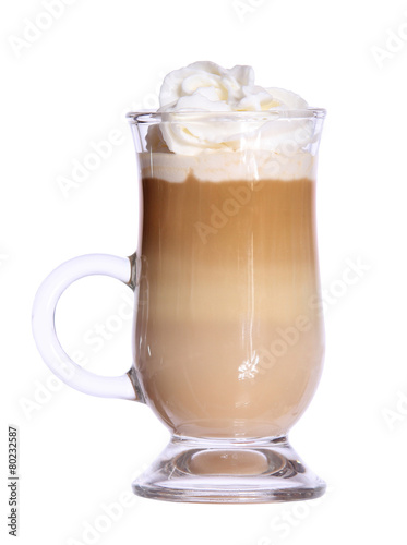 Coffee Latte in glass irish mug with wafer isolated