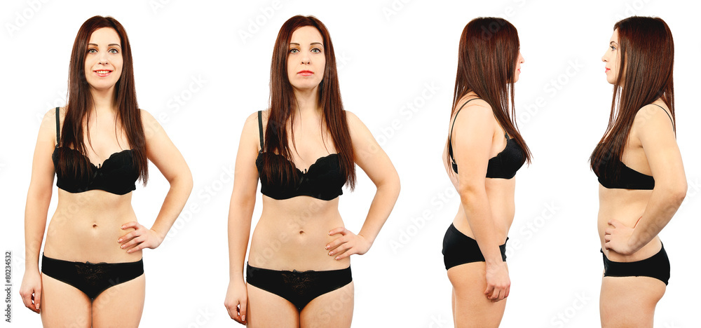Collage, Sexy Women. Happy Young Brunette Models Posing In Black Underwear  Over White Background Stock Photo, Picture and Royalty Free Image. Image  66669232.