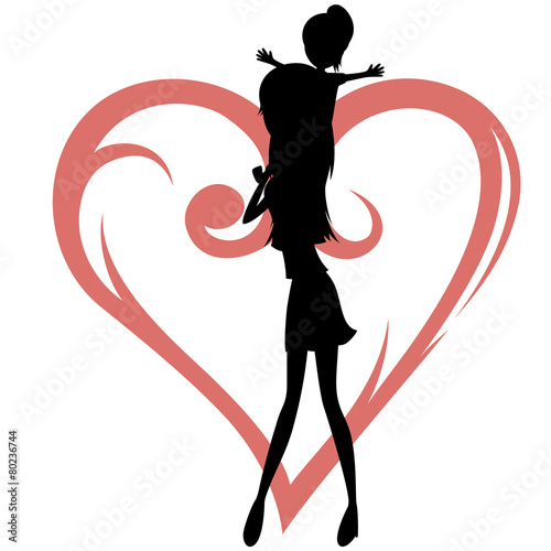Silhouette of a little girl sit on her mother's neck