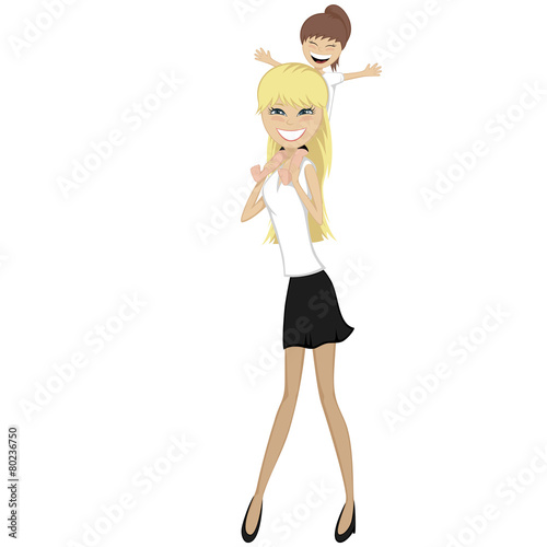 A cute brunette little girl sit on her blonde mother's neck