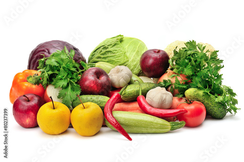 assortment fruits and vegetables on white
