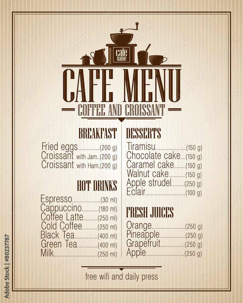 Cafe menu list with dishes name, retro design. Stock Vector Adobe Stock
