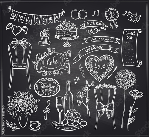 Chalkboard wedding banquet elements.