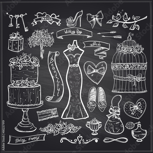 Chalkboard wedding bridal elements set.