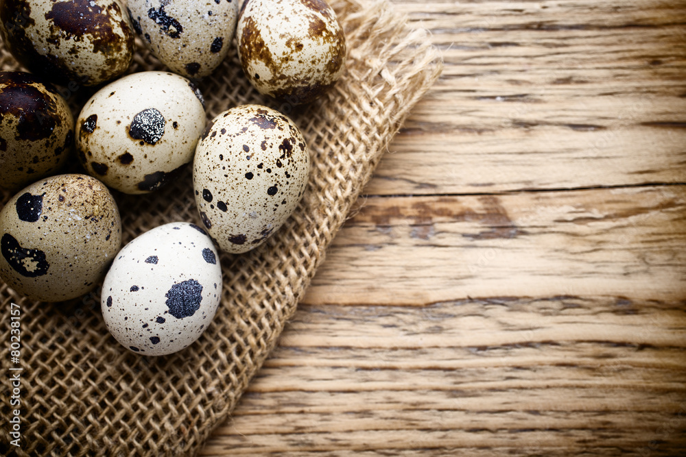 Obraz premium Quail eggs. Easter greeting card.