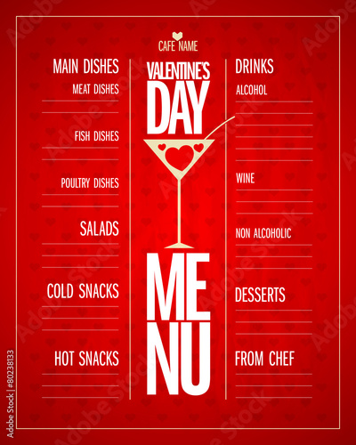 Valentines day menu list design with dishes and drinks.