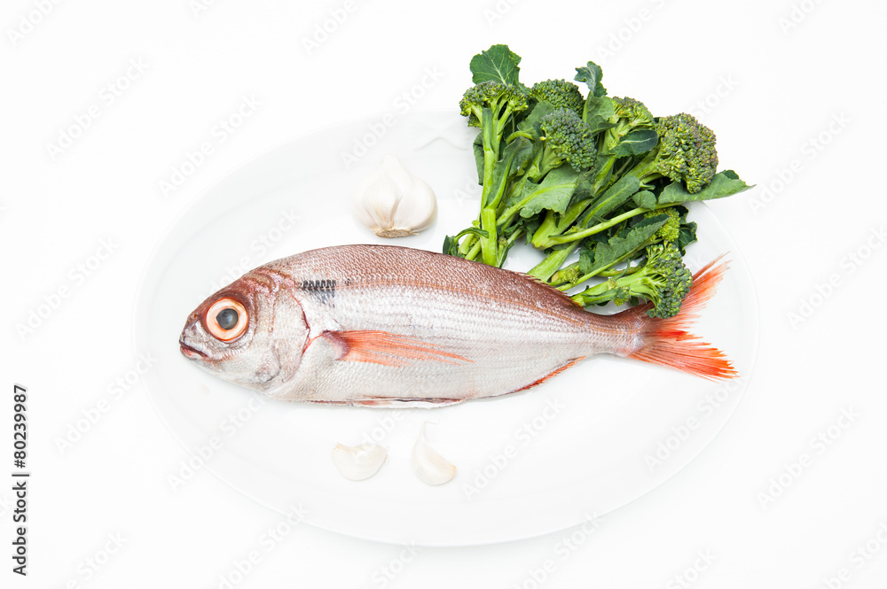 Pezzogna fish, variety of sea bream, with spice white background Pezzogna fish, variety of sea bream, with spice white background