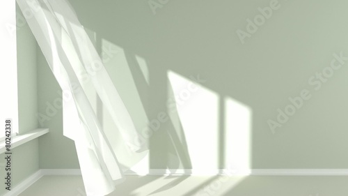 Empty room with sunlight and the curtains developed by a wind