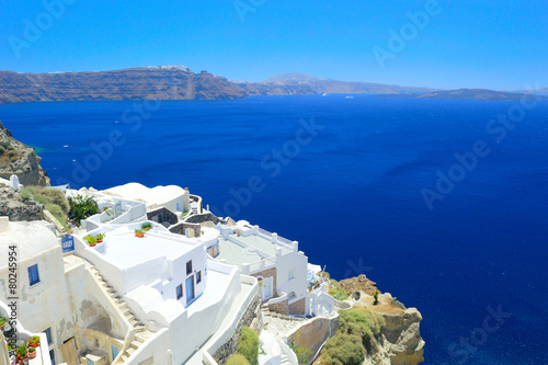 View from scenic village Oia into volcanic caldera  Santorini