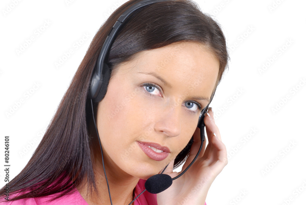 Attractive smiling female girl secretary or customer service receptionist talking speaking microphone telephone headset eyes looking at camera isolated white background photo Attractive smiling female girl secretary or customer service receptionist talking speaking microphone telephone headset eyes looking at camera isolated white background photo