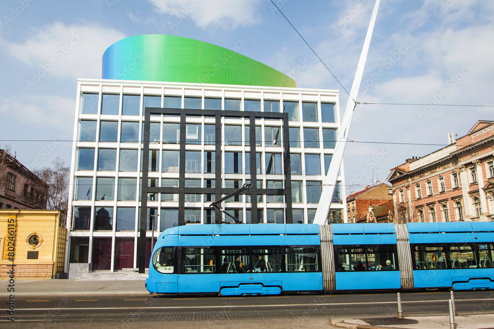 Fototapeta premium Tram passing by music academy building in Zagreb, Croatia