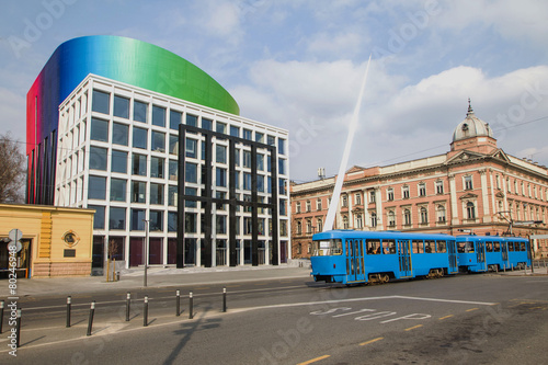 Tram passing by music academy building in Zagreb, Croatia © ilijaa