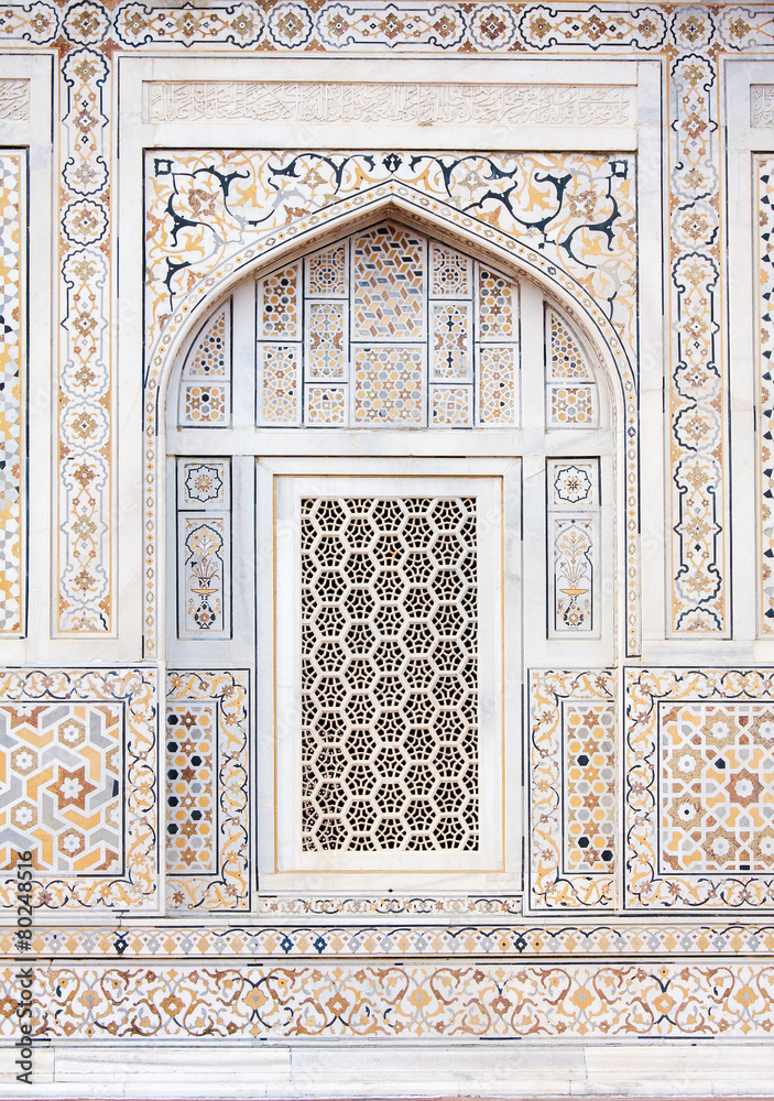 Wall decoration at the Tomb of I timad ud Daulah in Agra, India