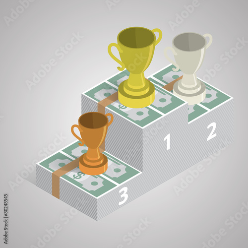 Golden silver and bronze winner cups on a pack of money. Isometr photo