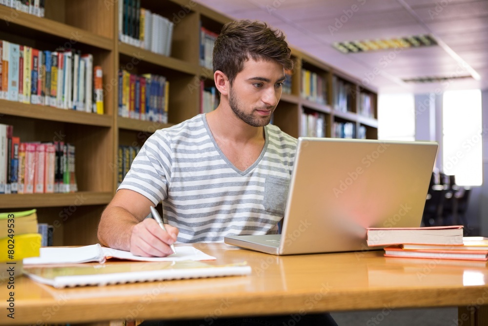 Student studying in the library with laptop Student studying in the library with laptop