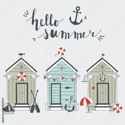 Summer card with beach huts.