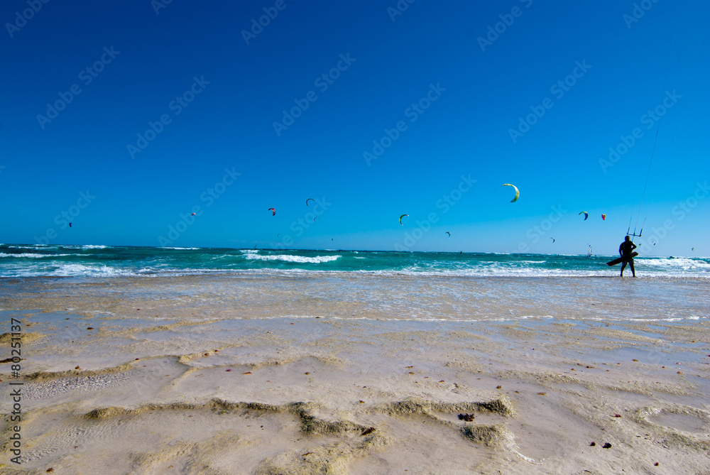 Kitesurfer on the beach of Atlantic ocean