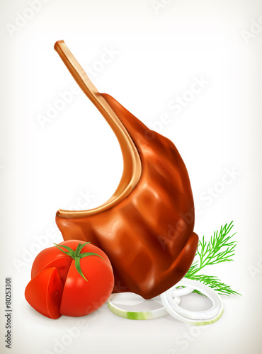 Grilled meat rib with vegetables, vector icon