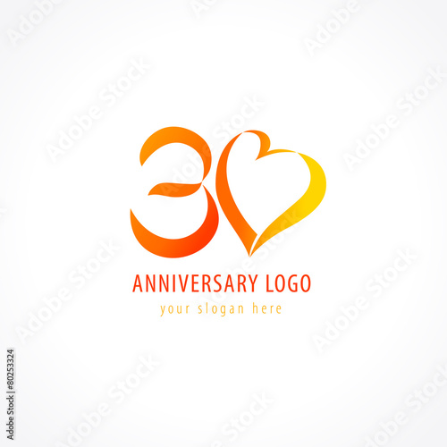 Anniversary 30 years hearts vector digit logo. Birthday greetings with framed tape heart shape. Holiday numbers. Lovely card with celebrating figures 30 th. Isolated abstract graphic design template.