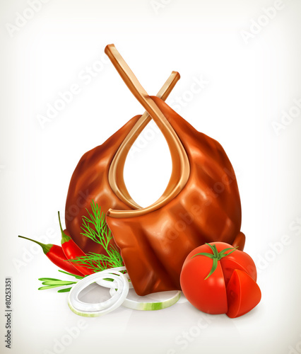 Grilled meat rib with vegetables, vector icon