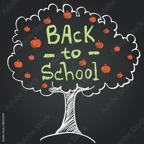 'Back To School' lettering in an apple tree on chalkboard