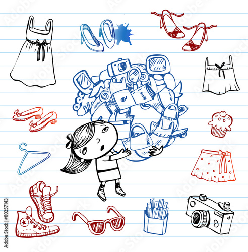 Shopping, Hipsters doodle set
