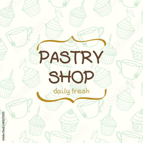 Cartoon tea cups and cupcakes seamless pattern.