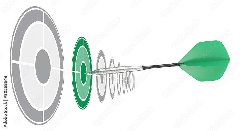 Green Dart.Horizontal row of targets.Green dart hitting target Green Dart.Horizontal row of targets.Green dart hitting target