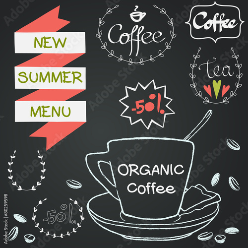 Coffee and tea frames on chalkboard background