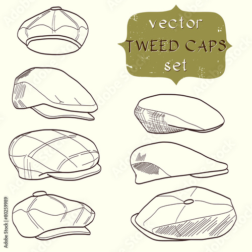 Set of sketched vector tweed caps