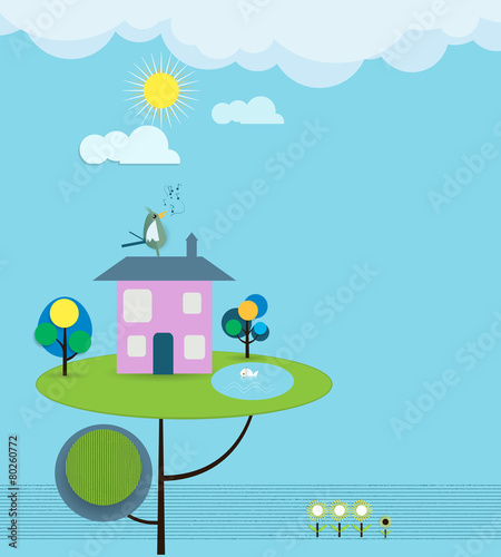 Fototapeta Naklejka Na Ścianę i Meble -  Paper cut-fantasy home sweet home- sky with sun