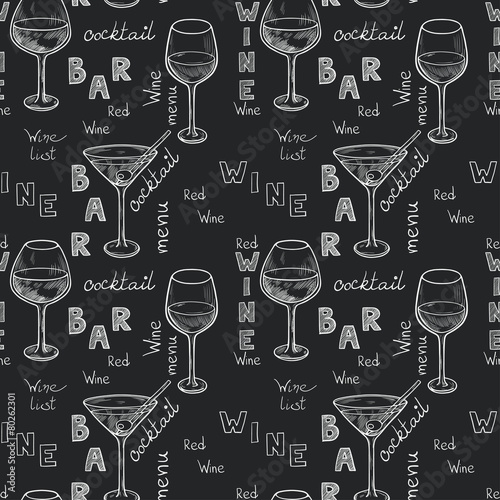 Bar seamless pattern. Hand drawn wine glasses on chalkboard