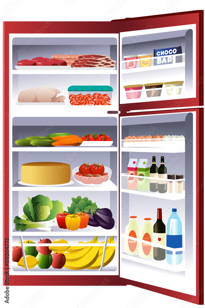 Открытый холодильник с продуктами рисунок