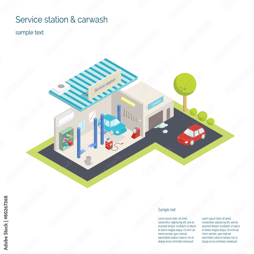 Service station and car washing. 3D isometric illustration