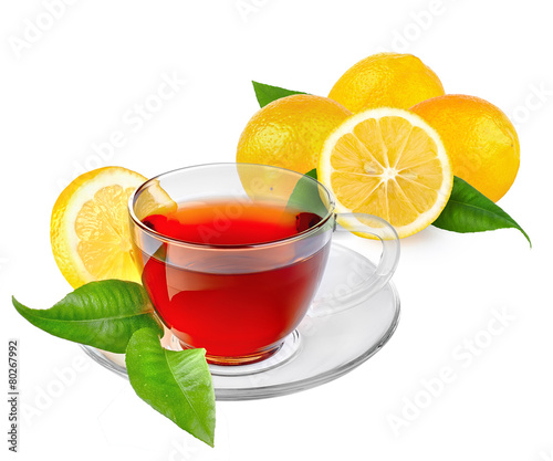 Cup of tea with leaves with lemon. On isolated background.