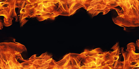 burning fire flame frame on black background