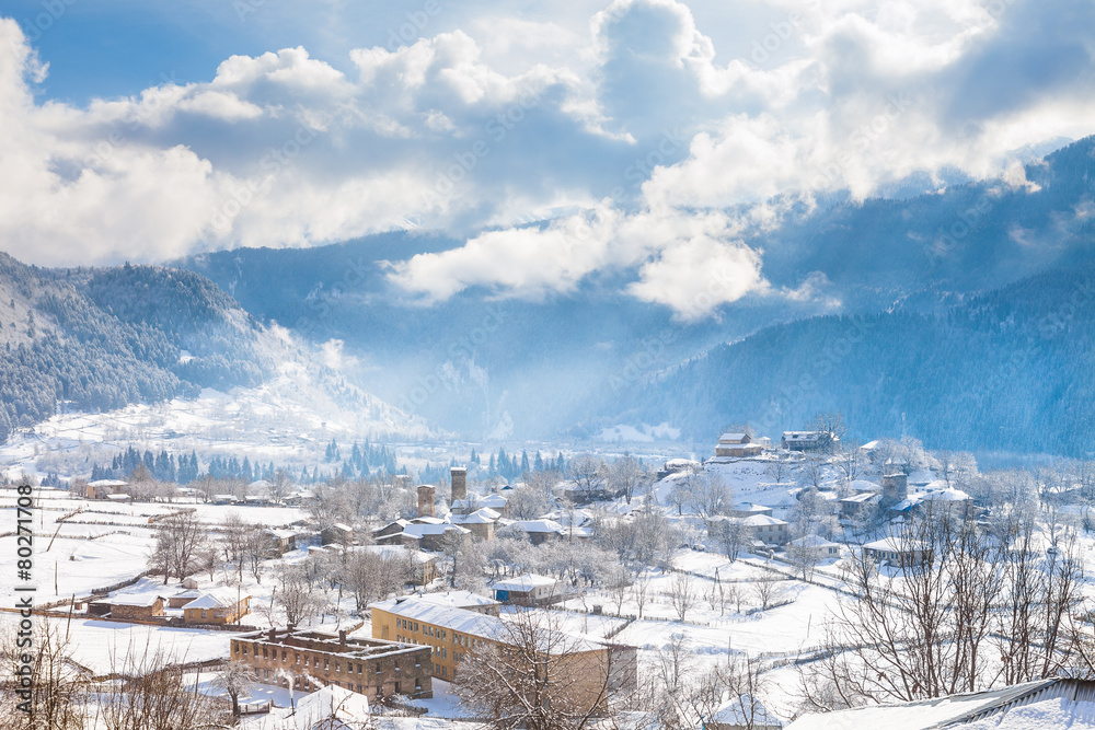 Beautiful clouds over mountain village Latali, Svaneti
