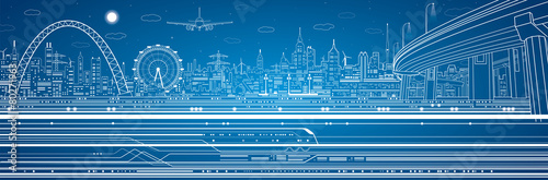Vector industrial and transport panorama, night city