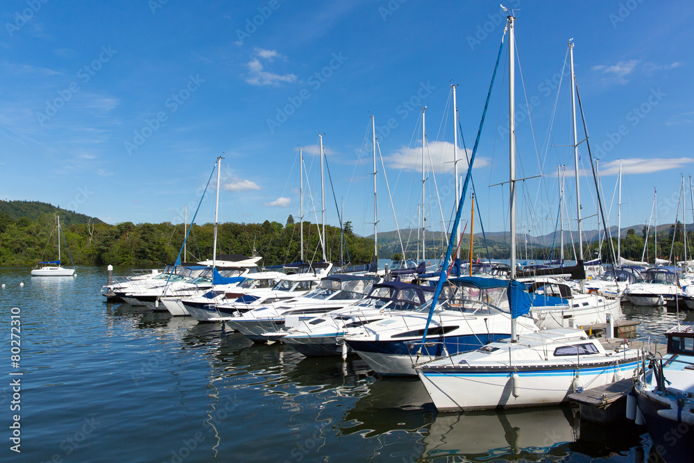 Sailing boats and yachts with masts row on lake