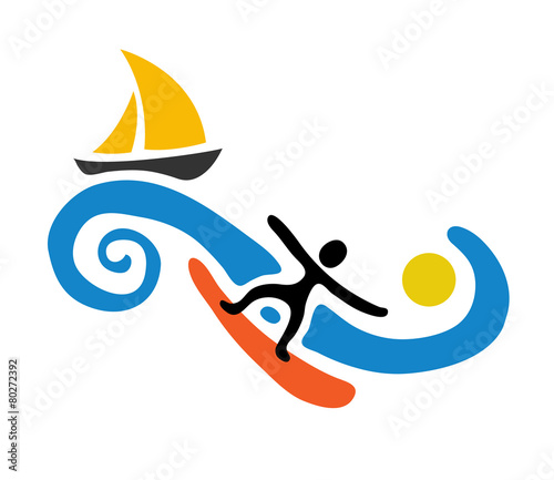 surfer and sail boat, vector illustration