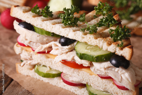 Sandwich with chicken and vegetables macro. horizontal