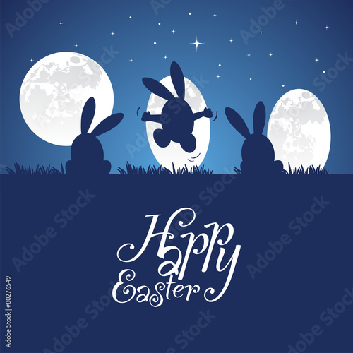 Easter bunny moon egg blue background