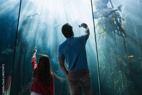 Father and daughter looking at fish tank